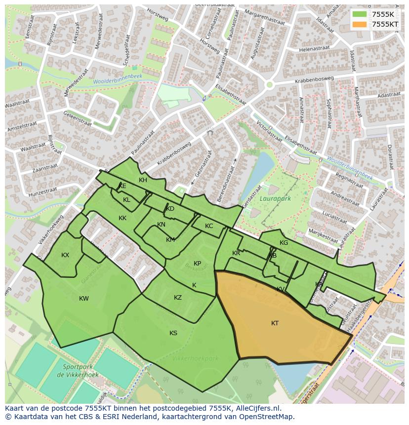 Afbeelding van het postcodegebied 7555 KT op de kaart.
