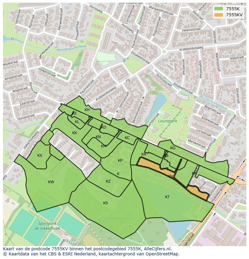 Afbeelding van het postcodegebied 7555 KV op de kaart.