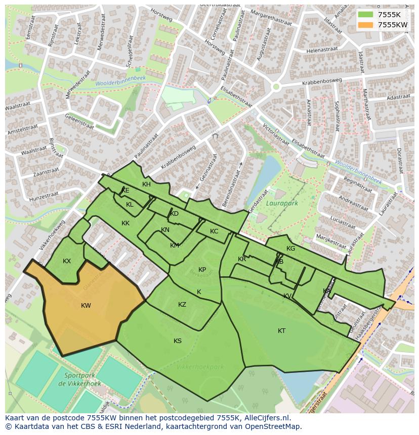Afbeelding van het postcodegebied 7555 KW op de kaart.