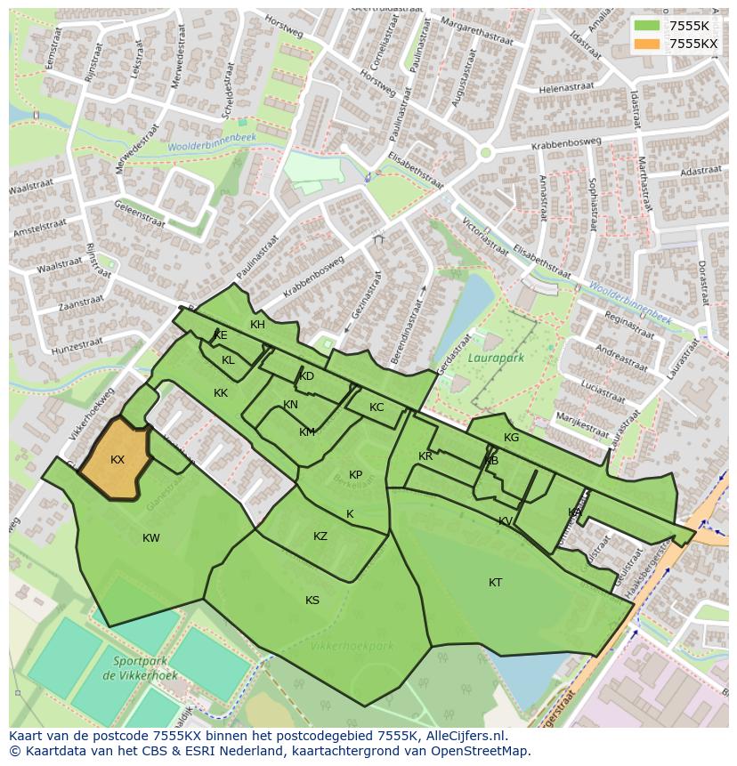 Afbeelding van het postcodegebied 7555 KX op de kaart.