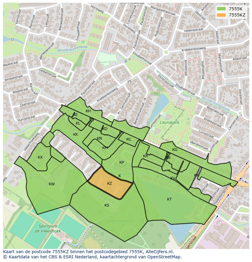 Afbeelding van het postcodegebied 7555 KZ op de kaart.