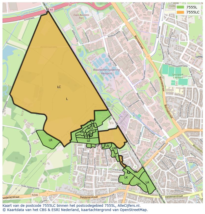 Afbeelding van het postcodegebied 7555 LC op de kaart.