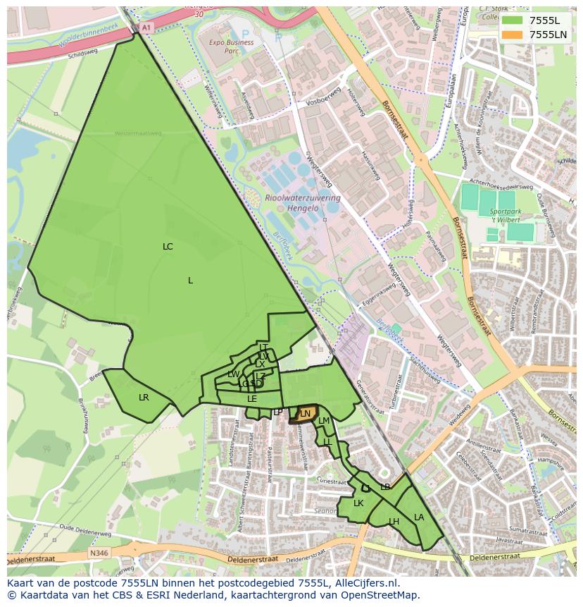 Afbeelding van het postcodegebied 7555 LN op de kaart.