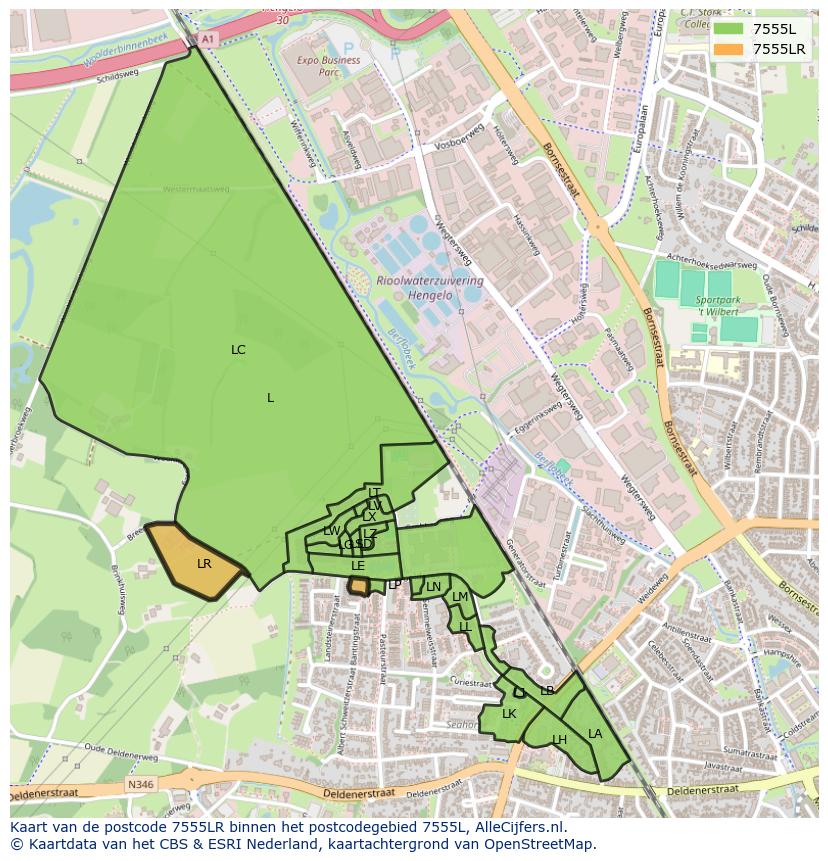 Afbeelding van het postcodegebied 7555 LR op de kaart.
