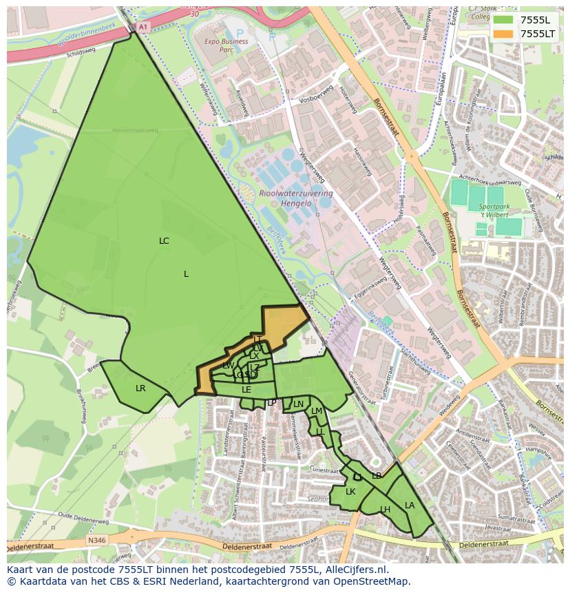 Afbeelding van het postcodegebied 7555 LT op de kaart.