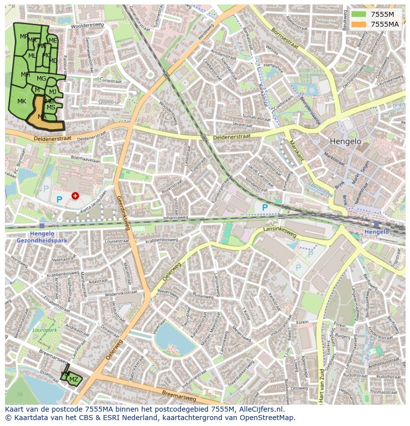 Afbeelding van het postcodegebied 7555 MA op de kaart.