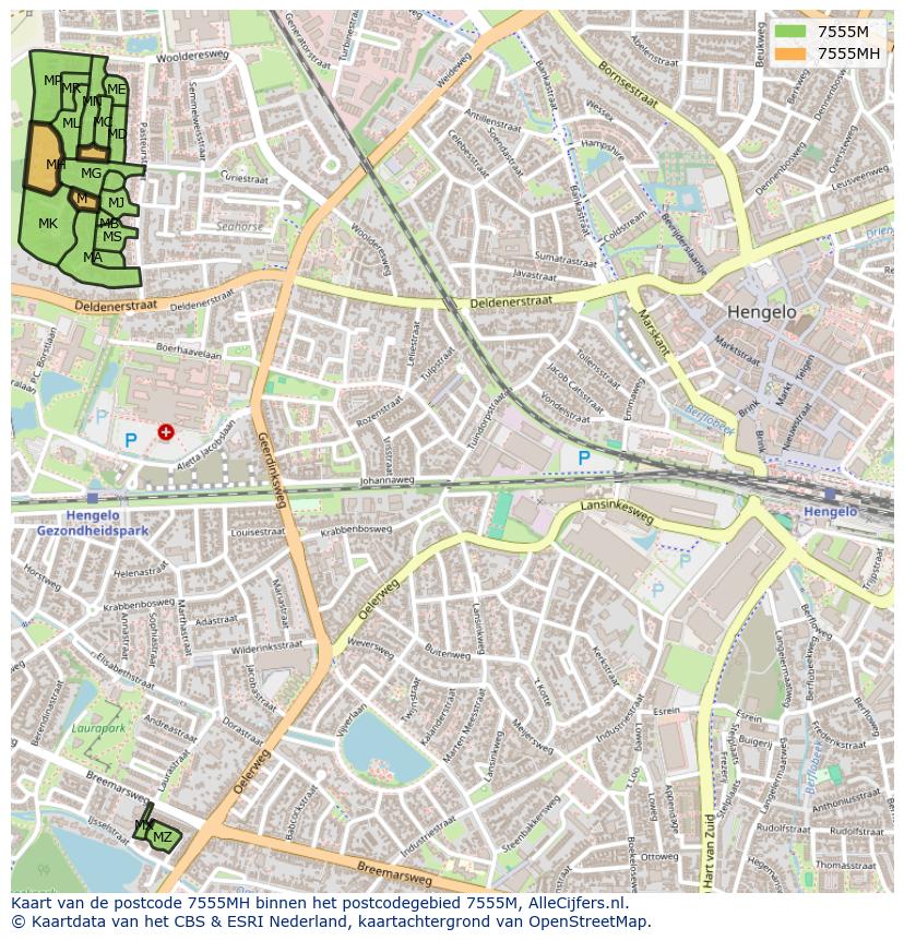 Afbeelding van het postcodegebied 7555 MH op de kaart.