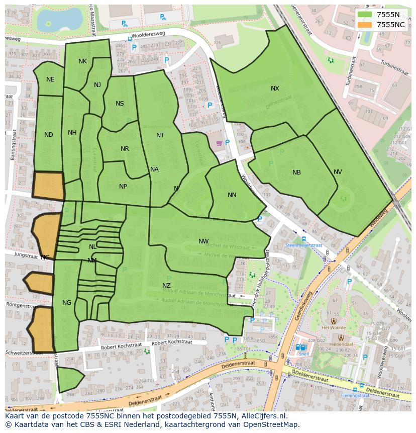 Afbeelding van het postcodegebied 7555 NC op de kaart.