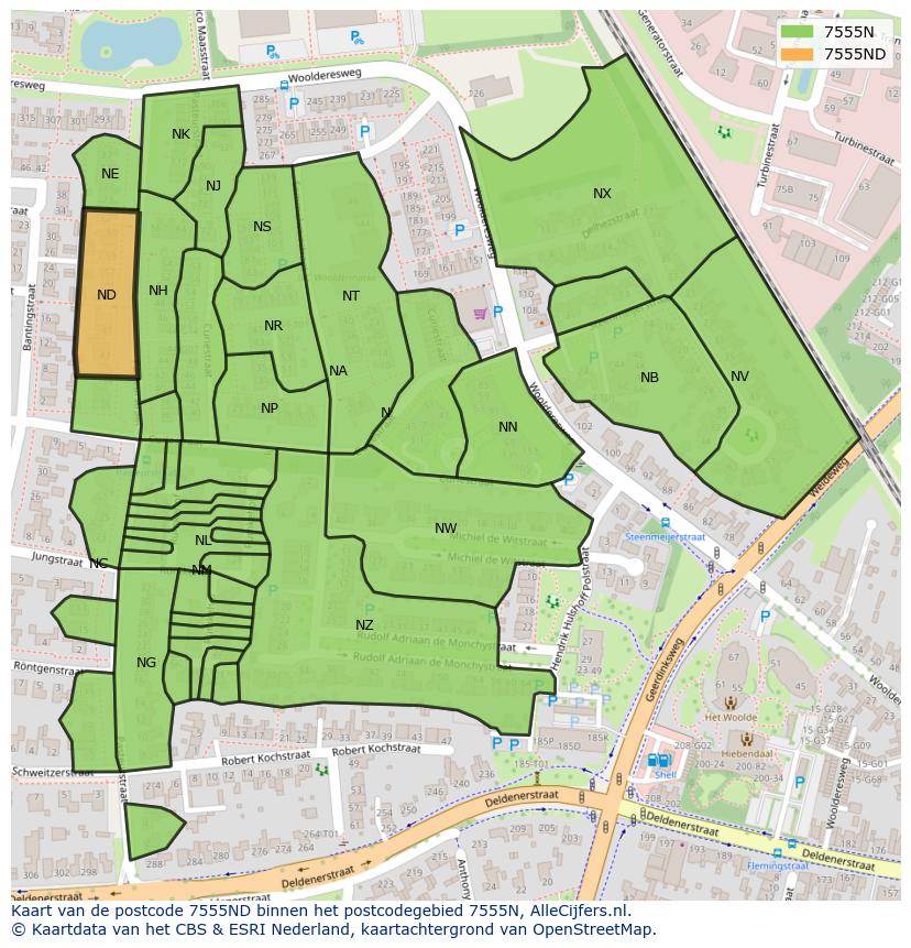 Afbeelding van het postcodegebied 7555 ND op de kaart.