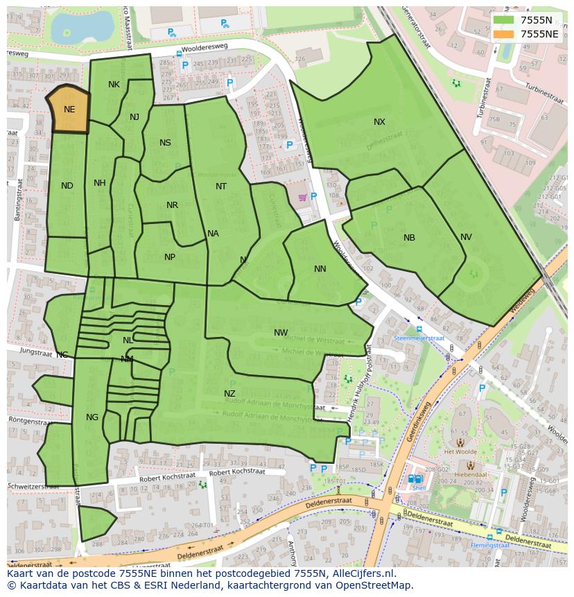 Afbeelding van het postcodegebied 7555 NE op de kaart.