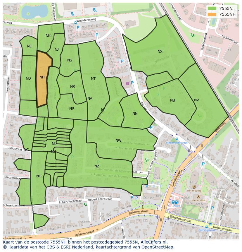 Afbeelding van het postcodegebied 7555 NH op de kaart.