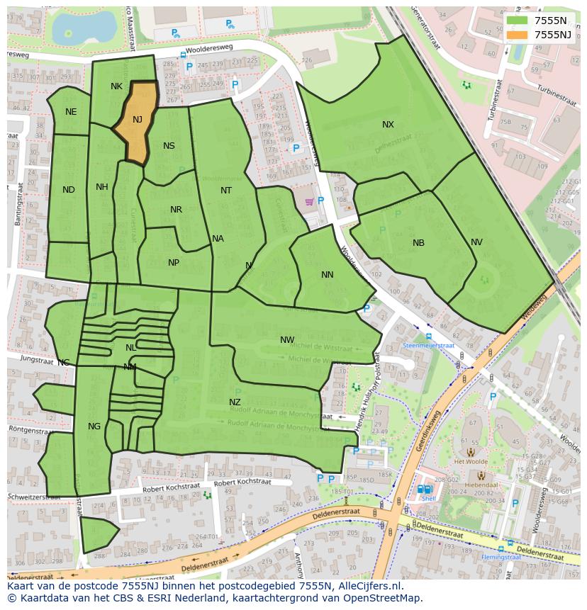 Afbeelding van het postcodegebied 7555 NJ op de kaart.