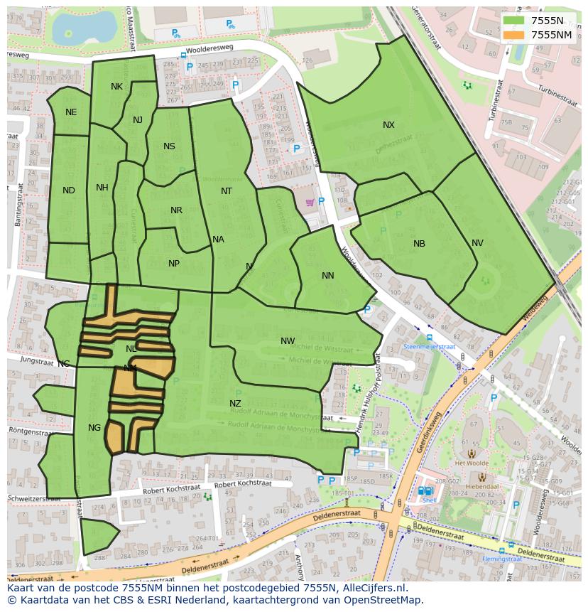 Afbeelding van het postcodegebied 7555 NM op de kaart.