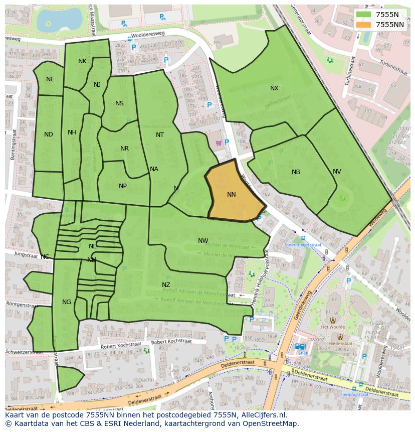 Afbeelding van het postcodegebied 7555 NN op de kaart.