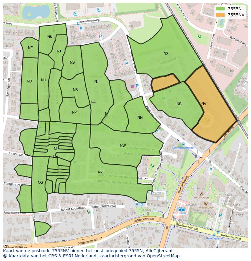 Afbeelding van het postcodegebied 7555 NV op de kaart.