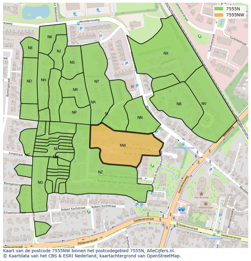 Afbeelding van het postcodegebied 7555 NW op de kaart.