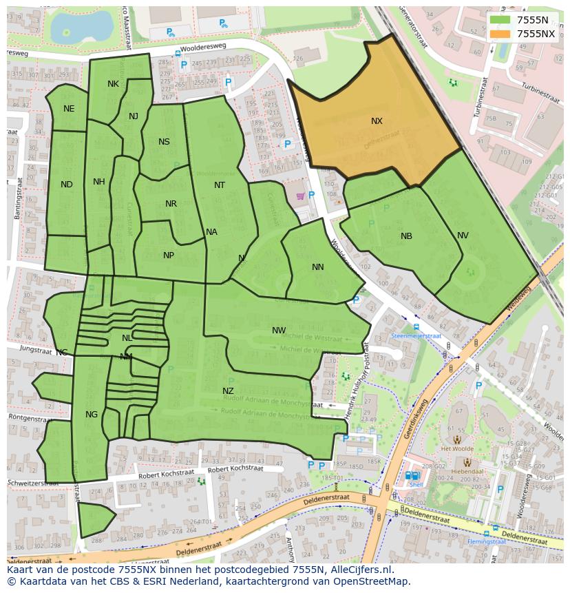 Afbeelding van het postcodegebied 7555 NX op de kaart.