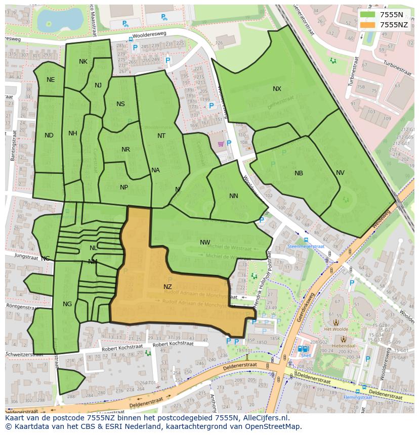Afbeelding van het postcodegebied 7555 NZ op de kaart.