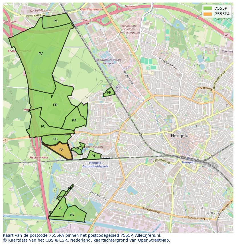Afbeelding van het postcodegebied 7555 PA op de kaart.