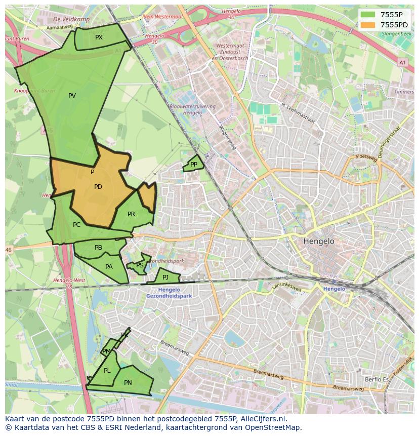 Afbeelding van het postcodegebied 7555 PD op de kaart.
