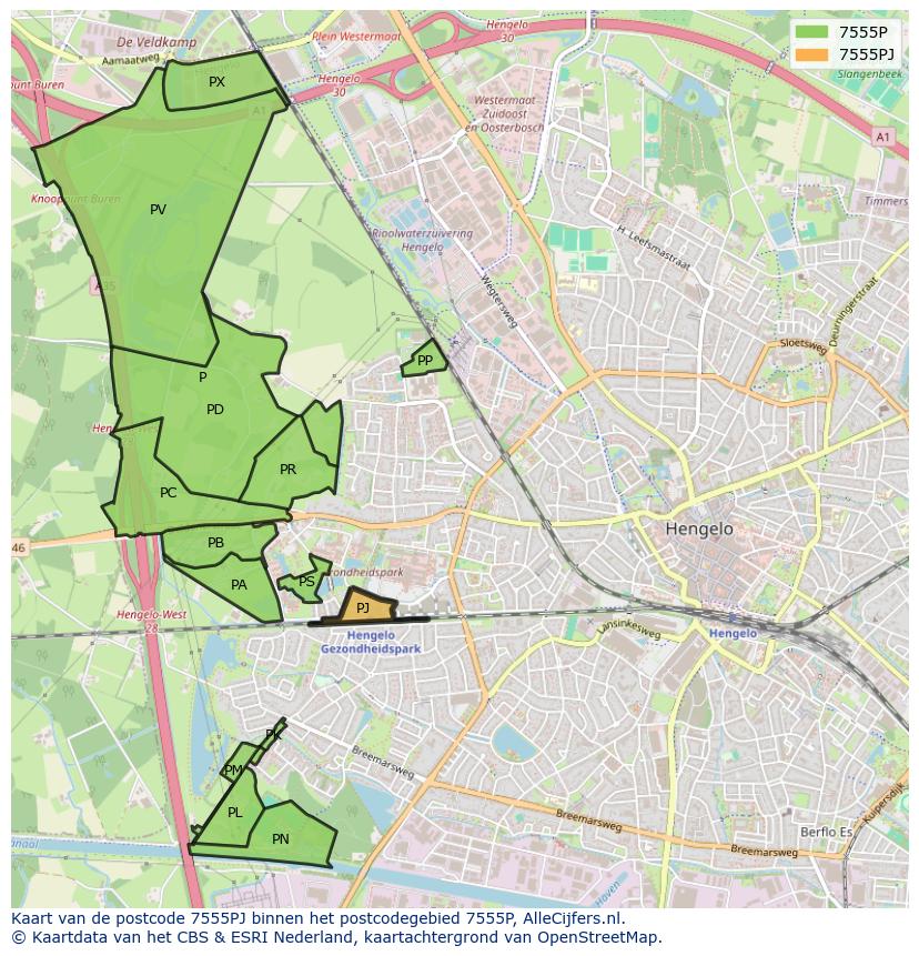 Afbeelding van het postcodegebied 7555 PJ op de kaart.