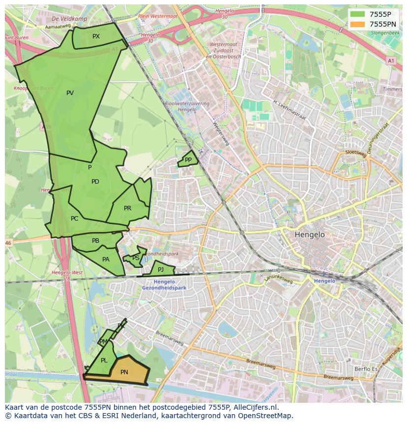 Afbeelding van het postcodegebied 7555 PN op de kaart.