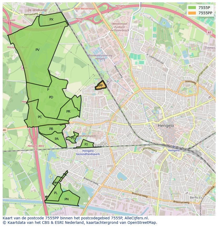 Afbeelding van het postcodegebied 7555 PP op de kaart.