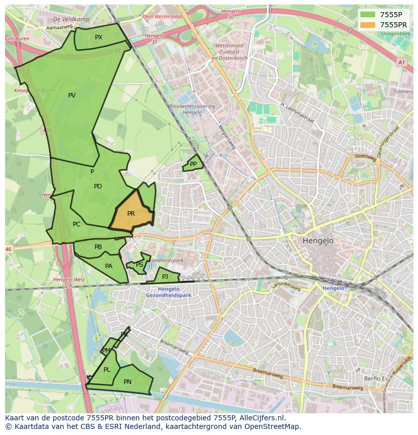 Afbeelding van het postcodegebied 7555 PR op de kaart.