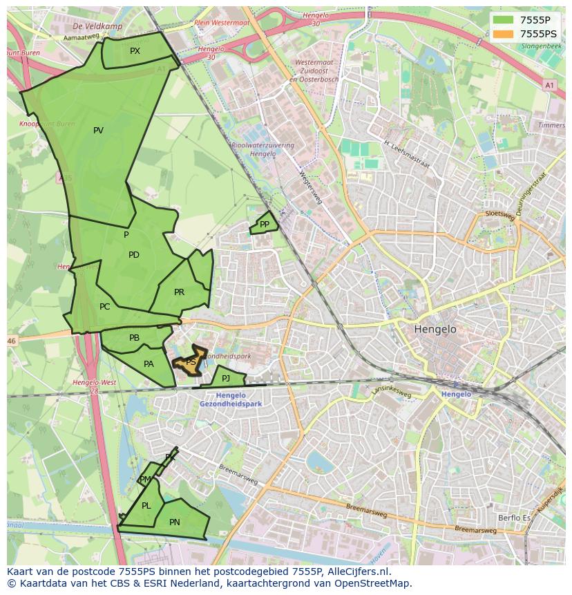 Afbeelding van het postcodegebied 7555 PS op de kaart.