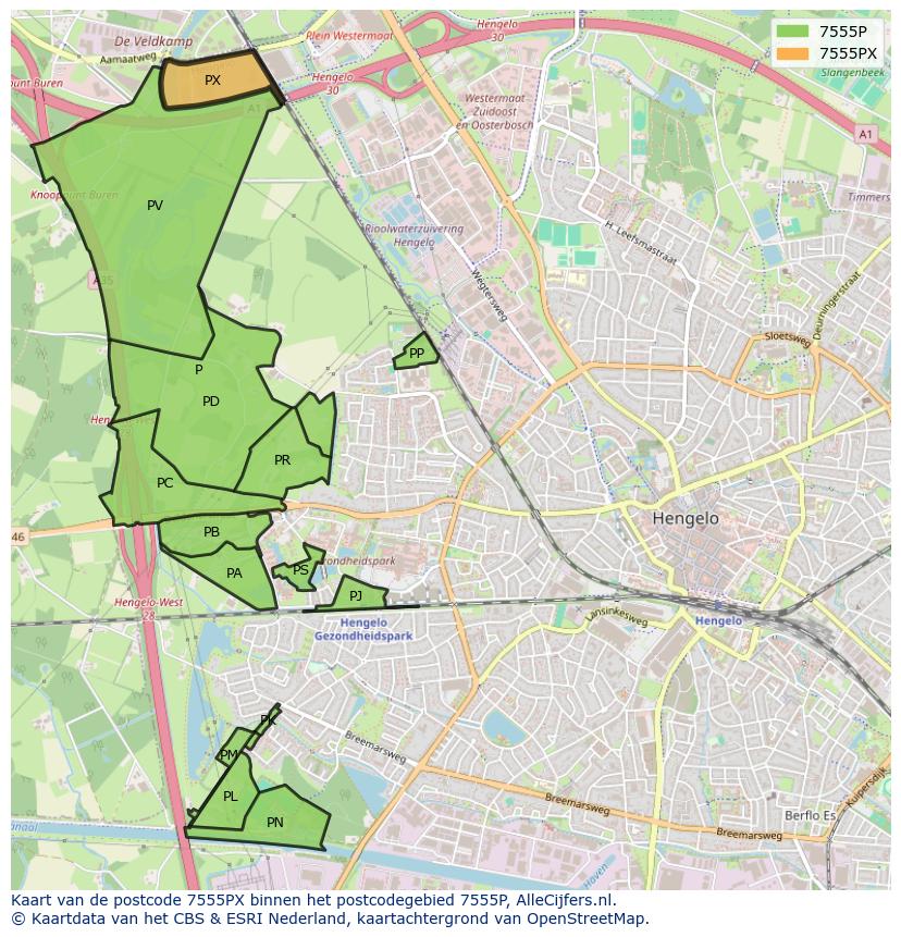 Afbeelding van het postcodegebied 7555 PX op de kaart.