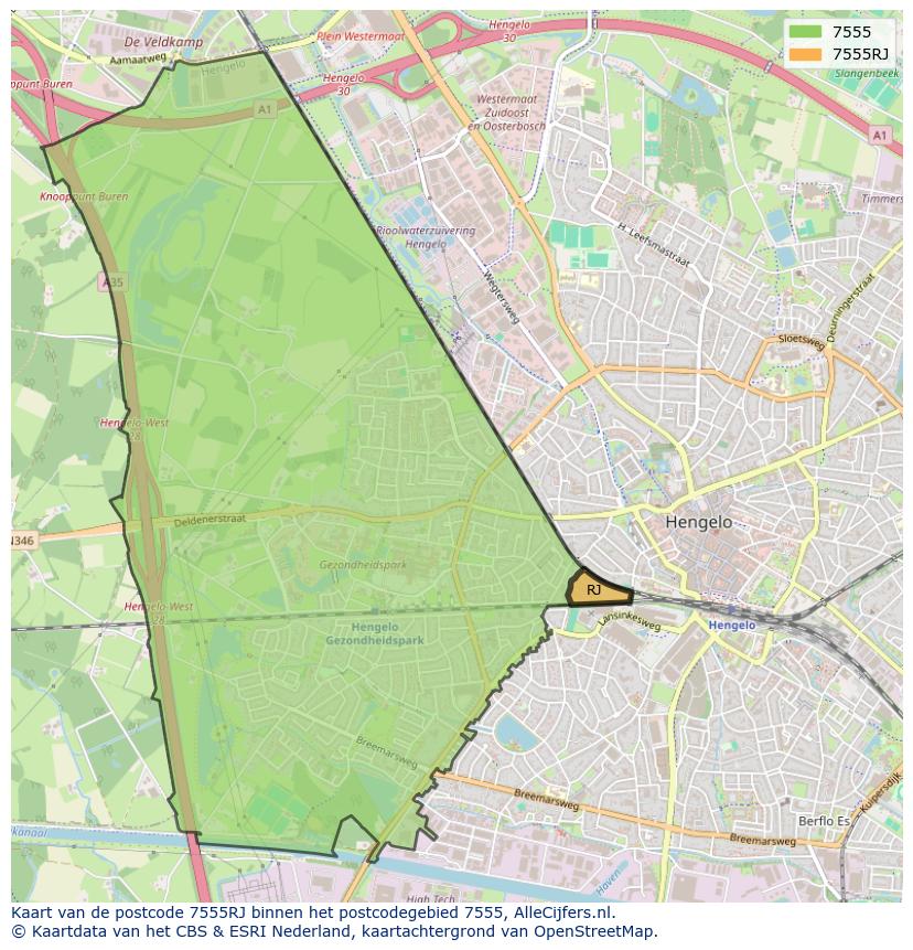 Afbeelding van het postcodegebied 7555 RJ op de kaart.