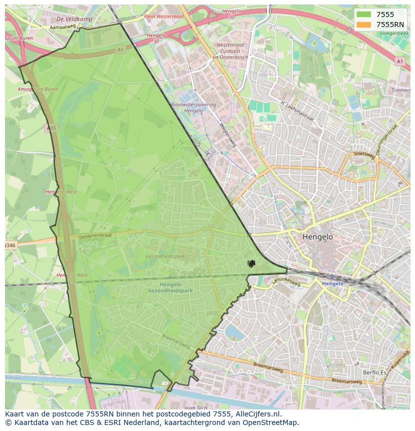 Afbeelding van het postcodegebied 7555 RN op de kaart.