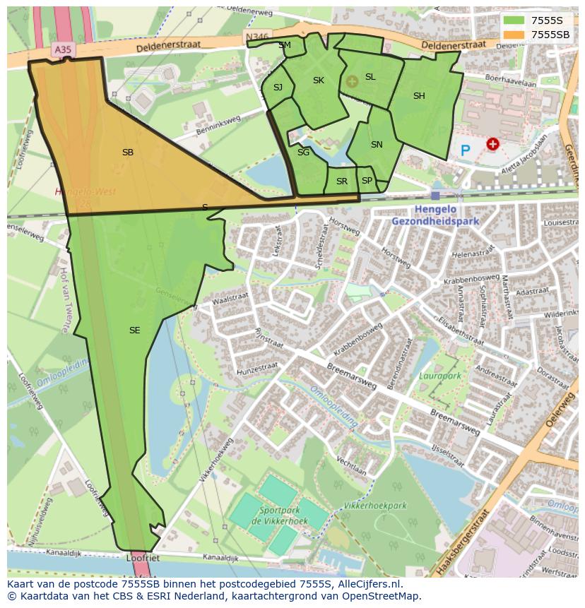 Afbeelding van het postcodegebied 7555 SB op de kaart.