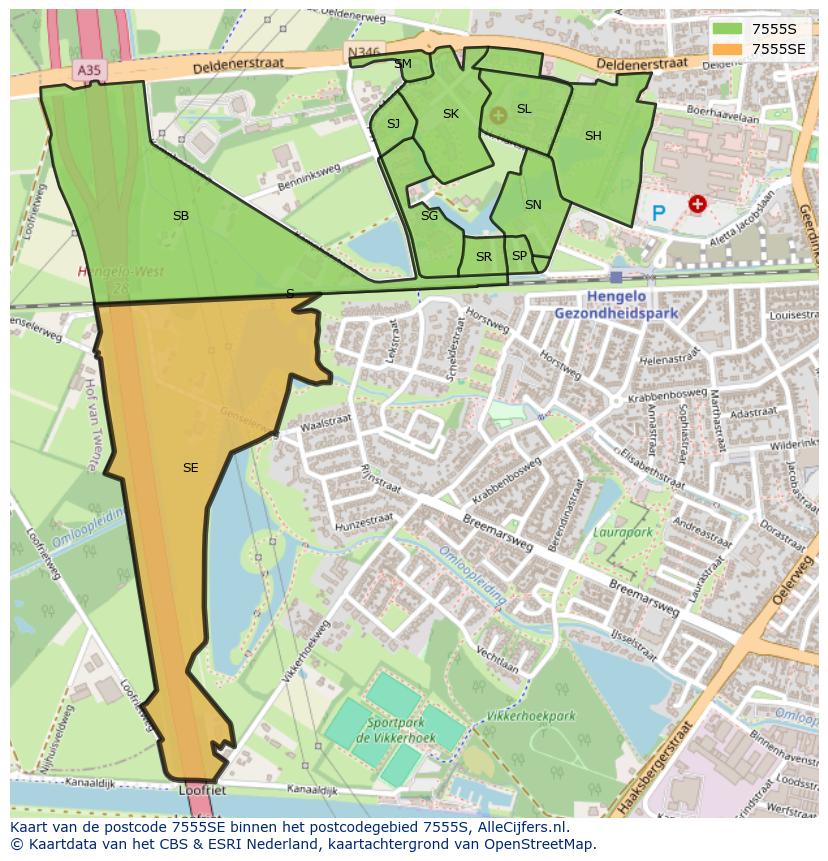 Afbeelding van het postcodegebied 7555 SE op de kaart.