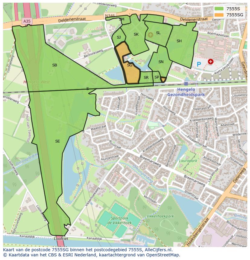 Afbeelding van het postcodegebied 7555 SG op de kaart.