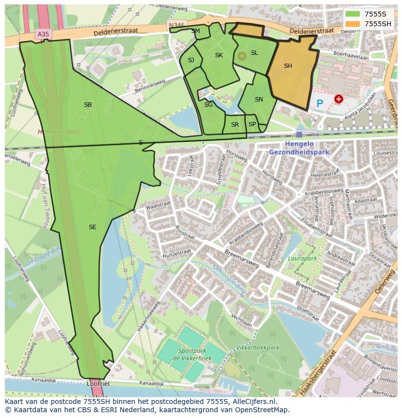 Afbeelding van het postcodegebied 7555 SH op de kaart.