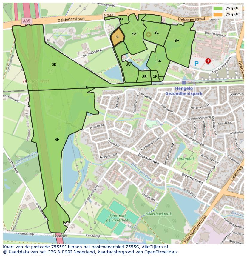 Afbeelding van het postcodegebied 7555 SJ op de kaart.