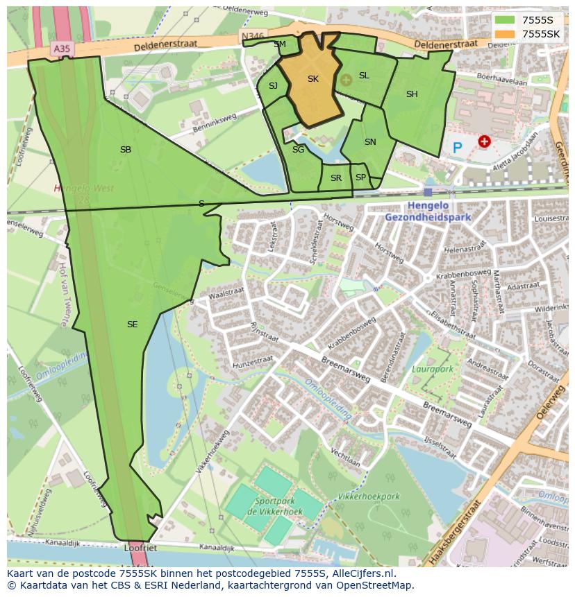 Afbeelding van het postcodegebied 7555 SK op de kaart.