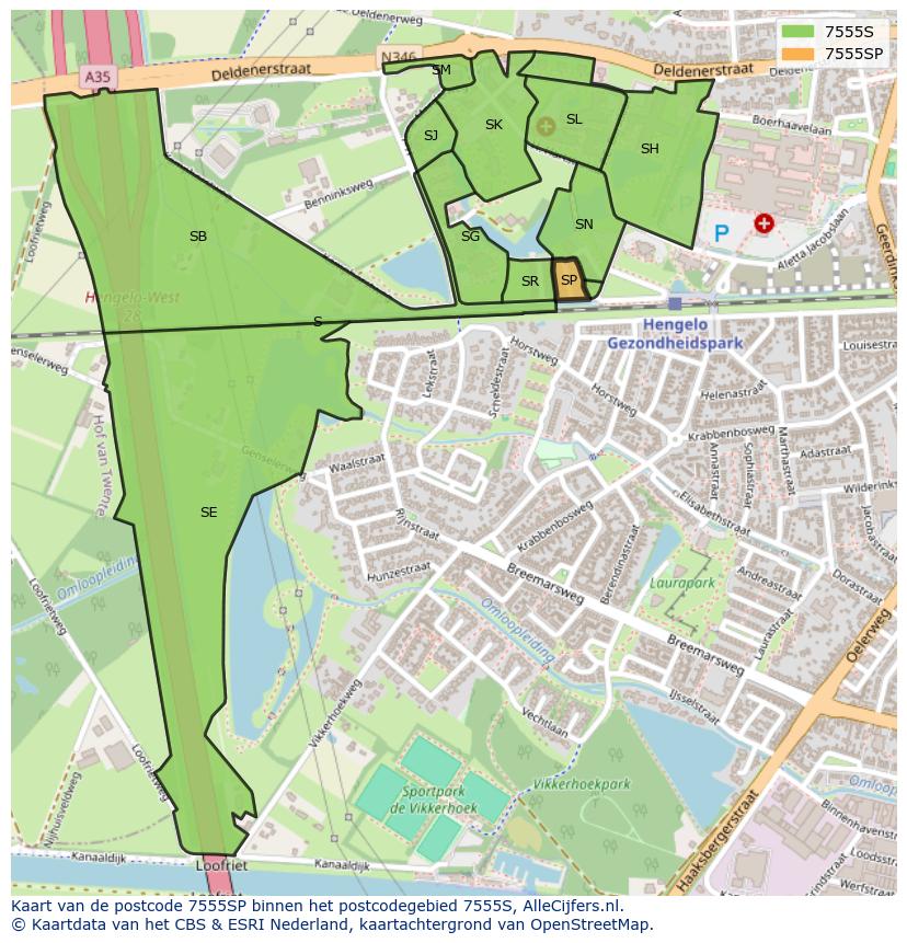 Afbeelding van het postcodegebied 7555 SP op de kaart.