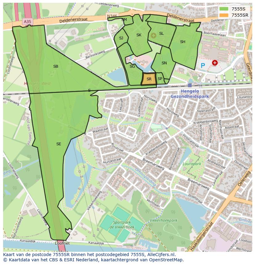 Afbeelding van het postcodegebied 7555 SR op de kaart.