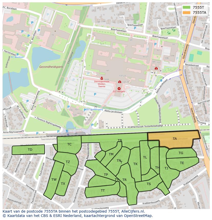 Afbeelding van het postcodegebied 7555 TA op de kaart.