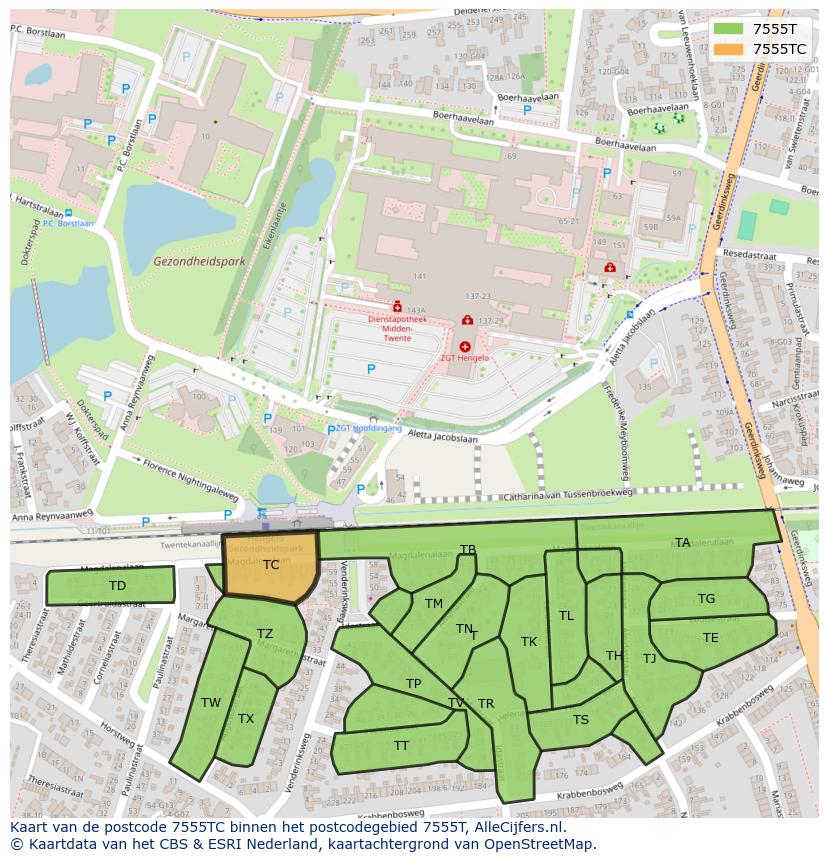 Afbeelding van het postcodegebied 7555 TC op de kaart.