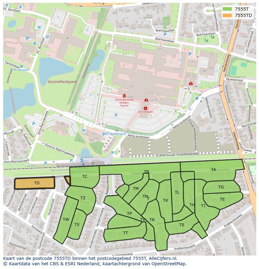 Afbeelding van het postcodegebied 7555 TD op de kaart.