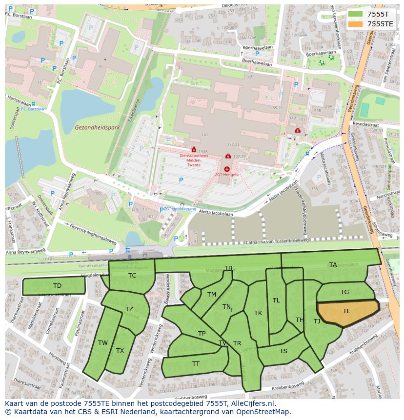 Afbeelding van het postcodegebied 7555 TE op de kaart.