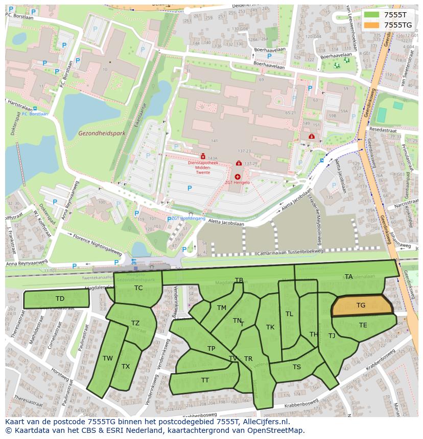 Afbeelding van het postcodegebied 7555 TG op de kaart.
