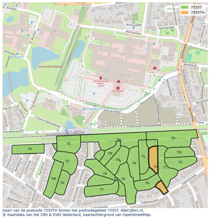 Afbeelding van het postcodegebied 7555 TH op de kaart.