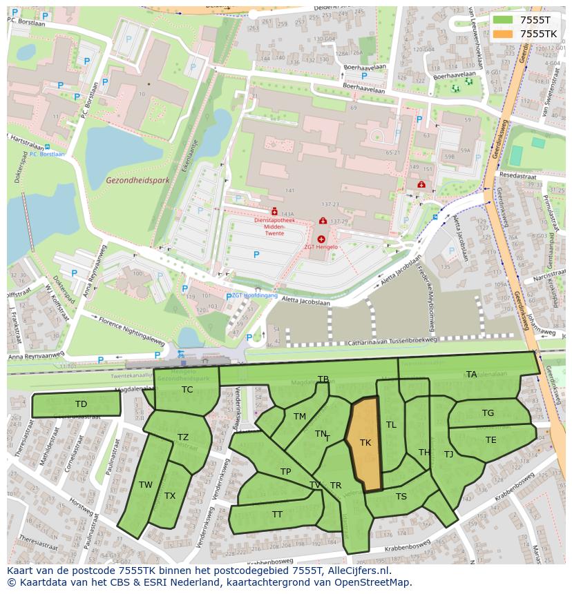 Afbeelding van het postcodegebied 7555 TK op de kaart.