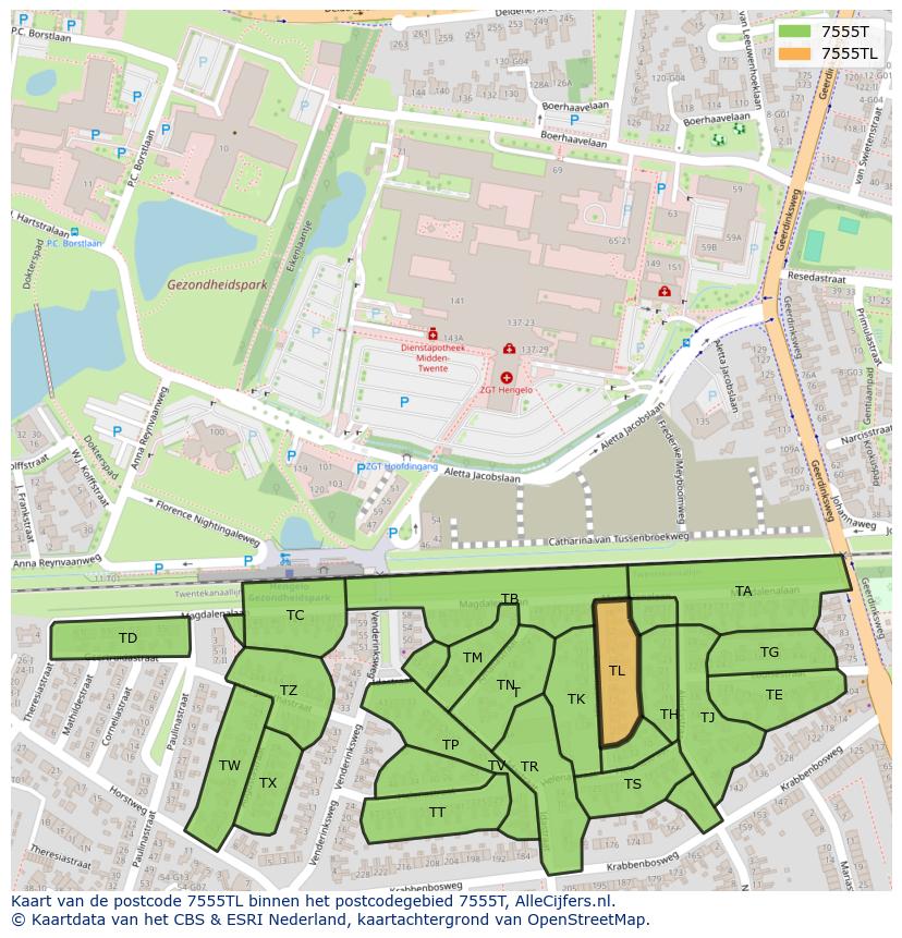 Afbeelding van het postcodegebied 7555 TL op de kaart.