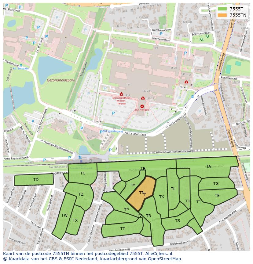 Afbeelding van het postcodegebied 7555 TN op de kaart.
