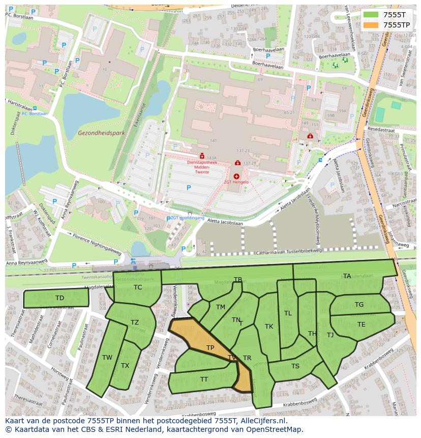 Afbeelding van het postcodegebied 7555 TP op de kaart.